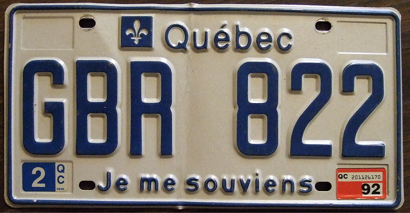 Fichier:Quebec 1992 license plate.jpg