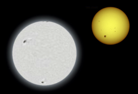 Comparaison de la taille du Soleil (à droite), l'étoile la plus proche de la Terre, et de Sirius, l'étoile la plus brillante que nous apercevons dans le ciel nocturne