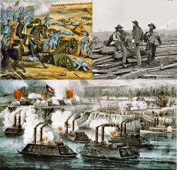 En haut à gauche : Armée nordiste à Stones River, Tennessee ; en haut à droite : des prisonniers confédérés à Gettysburg ; en bas : la bataille de Fort Hindman, Arkansas.