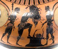 Héraklès et le sanglier d'Érymanthe. Décor à figures noires. Vers 530 av. J-C.