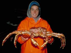 Un pêcheur, avec un crabe royal du Kamtchatka.