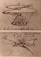 Esquisses d'un hélicoptère et d'une aile volante, dessins de Léonard de Vinci.