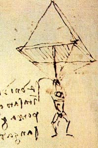 Croquis d'un parachute par Léonard. Remarquez l'écriture inversée latéralement en «&nbsp;miroir&nbsp;».