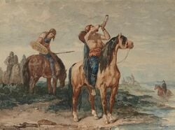 Des guerriers de l'époque de Clovis, peintures du XIXe&nbsp;siècle?.
