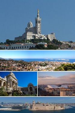 De haut en bas et de gauche à droite : la basilique Notre-Dame-de-la-Garde, les Îles du Frioul, le Palais Longchamp, l'Orange Vélodrome et le Vieux-Port.