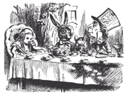 Alice, en train de prendre le thé avec le lièvre de mars, le loir et le chapelier fou