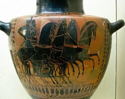 Quadrige et hoplites. Décor à figures noires. Vers 530-520 av. J-C