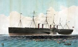 Le Great Eastern en 1866 : 4 machines à vapeur pour les roues à aubes, une autre pour l'hélice, 5 cheminées, 6 mâts.