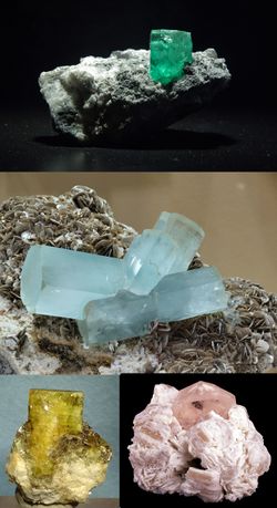 Différentes variétés de béryl : de haut en bas : émeraude, aigue-marine, héliodore et morganite