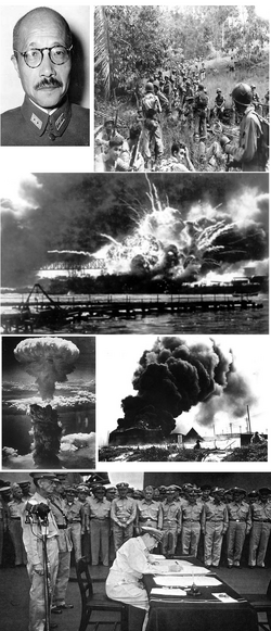 En haut à gauche, le général Tōjō, commandant de l'armée impériale japonaise; à côté, des Marines lors de la bataille de Guadalcanal. Au centre, l'attaque de Pearl Harbor. En dessous, les bombardements atomiques sur Hiroshima et Nagasaki ainsi que la bataille de Midway. Enfin, la capitulation du Japon à bord du cuirassé Missouri (général McArthur en train de signer).