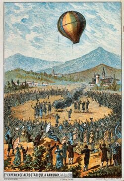 Premier vol d’une montgolfière en 1783. Elle ne comportait pas de nacelle et utilisait l’air chaud, mais le brûleur n'était fixé à la nacelle.