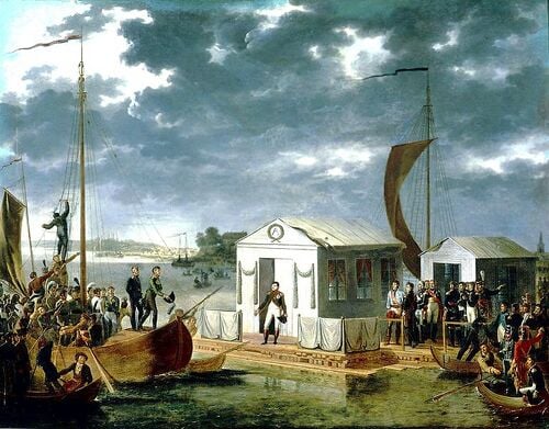 Rencontre de Napoléon Ier et du tsar Alexandre Ier à Tilsit, sur le Niémen, le 25 juin 1807.