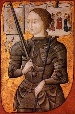 Jeanne d'Arc en armure (miniature du XVe siècle). Portrait imaginaire et idéalisé