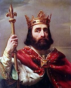 Pépin le Bref portant les symboles de la royauté en France : le sceptre en fleur de lys et la couronne (portrait imaginaire).