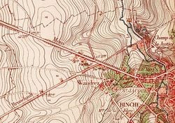 Un extrait d'une carte topographique en courbes de niveau : région de Binche, en Belgique.