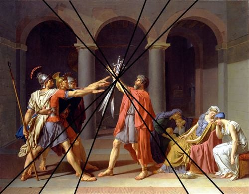 Les lignes formées par les carreaux au sol convergent vers l'intersection des épées : c'est le point de fuite.