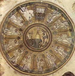 Baptême du Christ et procession des douze apôtres. Le Jourdain est symbolisé par un dieu païen.