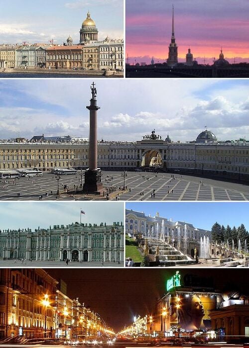 De haut en bas, de gauche à droite : le quai des Anglais et la cathédrale Saint-Isaac ; la forteresse Pierre-et-Paul et la cathédrale Pierre-et-Paul ; la place du Palais avec la colonne d'Alexandre ; le palais d'Hiver ; Peterhof ; la perspective Nevski de nuit.