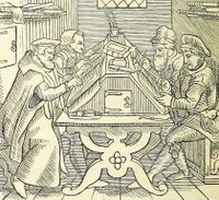 Old drawing of men sitting at a table writing the Chronicles.