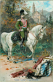 Imagen del Rey Ludwig II y su caballo frente al castillo