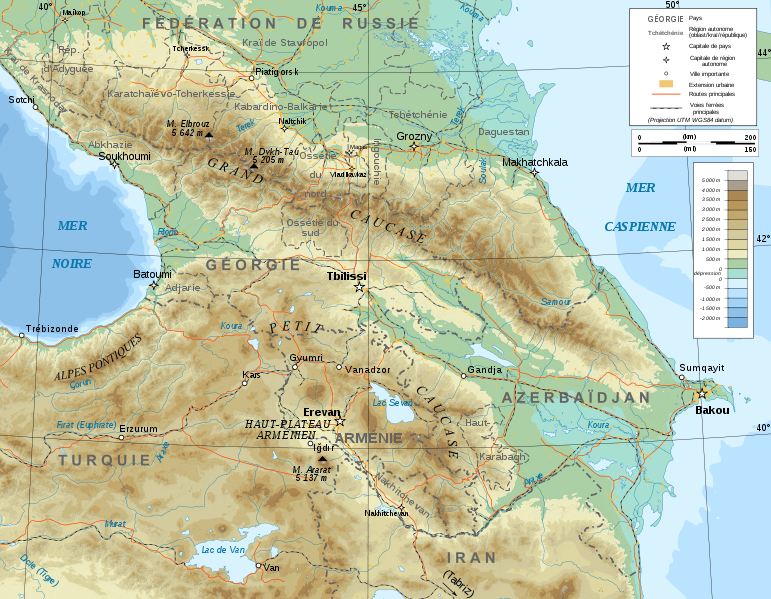 Caucase (Russie, Géorgie, Arménie, Azerbaïdjan) Caucasus_topographic_map-fr.svg