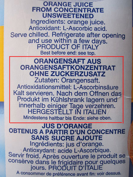 Fichier:Liste d'ingrédients d'un jus d'orange (en allemand).jpg