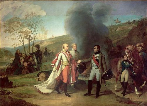 Napoléon Ier et l'empereur germanique François II, le 4 décembre 1805, après la victoire française d'Austerlitz.