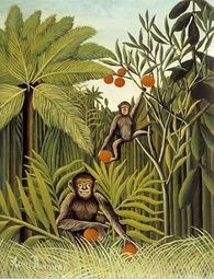 Deux singes dans la jungle, 1909. Le bonheur parfait de la vie primitive dans les arbres : le mâle sourit, la petite femelle joue dans les branches. Pour se nourrir, les fruits sont là, à portée de main. Le dessin des feuilles est précis et décoratif.