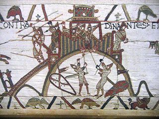Une motte castrale représentée sur la tapisserie de Bayeux.