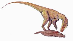 Dessin d'un herrerasaure, reconstitué par un artiste. Il vient d'attraper une proie.