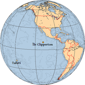 L'île de Clipperton représentée sur le globe terrestre un peu au sud-ouest du Mexique.