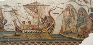 Mosaïque romaine (Tunisie). À gauche un bateau avec Ulysse attaché au mât. À droite, une ile où les sirènes représentées sous forme d'oiseaux, jouent de la musique