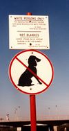 Une affiche interdisant l'accès d'une plage aux non-blancs (Noirs, Indiens et métis... et aux chiens), en Afrique du Sud, du temps de l'apartheid.