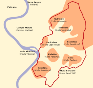 Carte montrant l'emplacement des sept collines de Rome