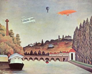 Vue du pont de Sèvres, 1908. Le douanier Rousseau aime agrémenter ses tableaux de machines de son temps : ici, on a, au-dessus de la Seine, un aéroplane (avion) construit en toile, un ballon libre et un ballon dirigeable souple.