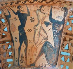 Détail d'une poterie antique. Deux Grecs enfoncent un épieu dans l'œil du cyclope Polyphème