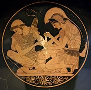 Achille soignant Patrocle. Fond d'une coupe attique. Figures rouges. Vers 500 av. J-C.