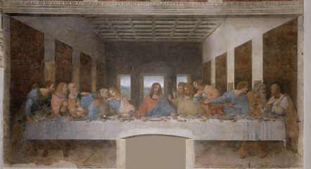 La Cène, peinture murale à la détrempe (tempera sur gesso), 8,80 x 4,60 m, église Sainte-Marie-des-Grâces, Milan, 1494-1498.