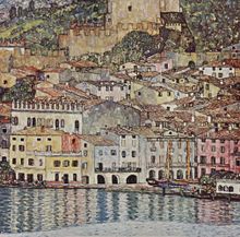 Vue de Malcesine, sur le lac de Garde, en Italie, 1913.