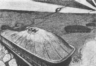 Dessin d'un char d'assaut imaginaire long de 30 mètres, illustrant la nouvelle de Herbert George Wells, The Land Ironclads (Les Cuirassés de Terre), 1904.