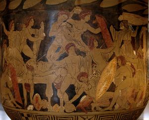 détail d'une poterie grecque. Pour s'abriter des flèches d'Ulysse, les prétendants dans le plus grand désordre tentent de se protéger avec des tables
