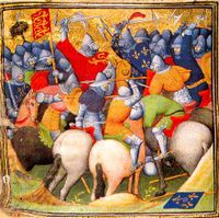 Bataille de Crécy, 1346 : les Français sont à droite (fleur de lys), les Anglais à gauche (lion)